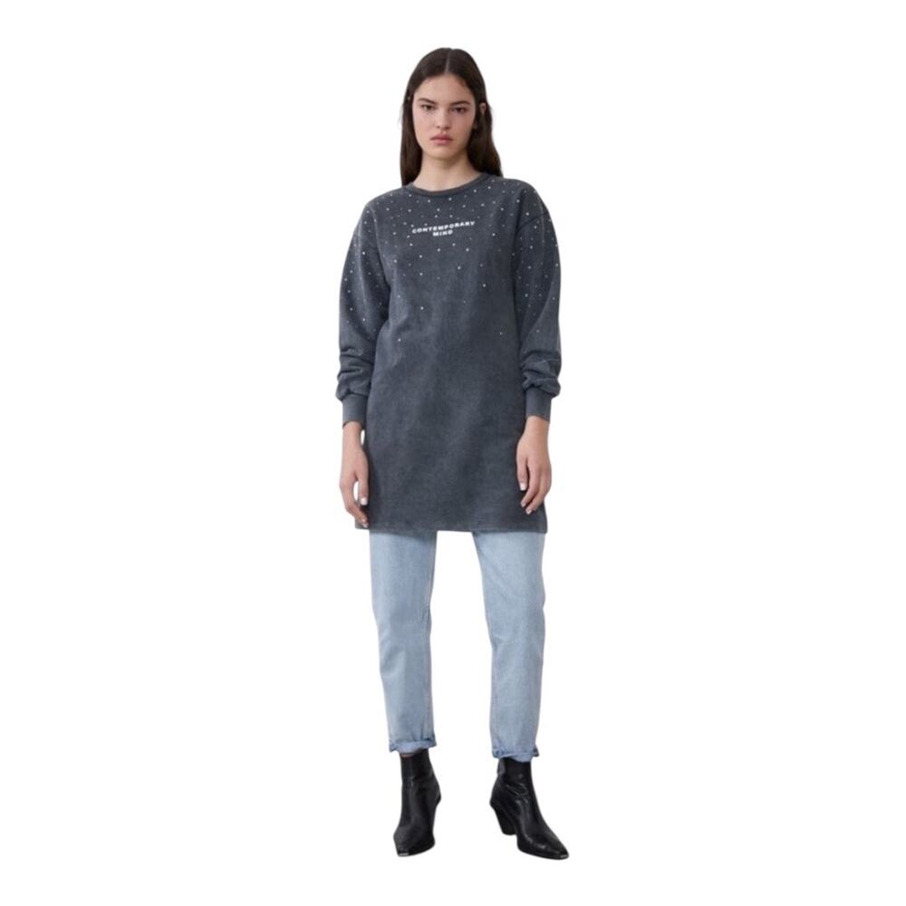 NWT Zara Washed Effect Sweatshirt Dress Size M Gray New‎ 100% Cotton - Picture 2 of 13